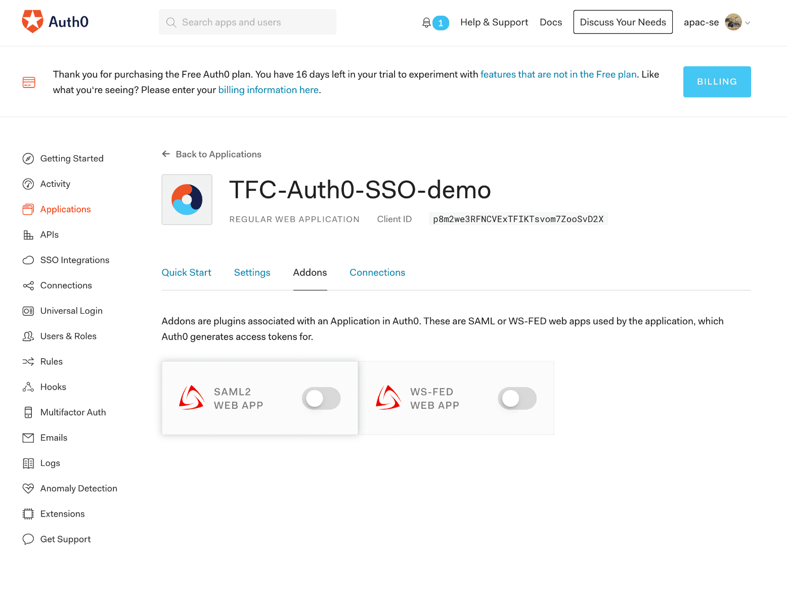 In the Addon tab, enable SAML2 WEB APP addon