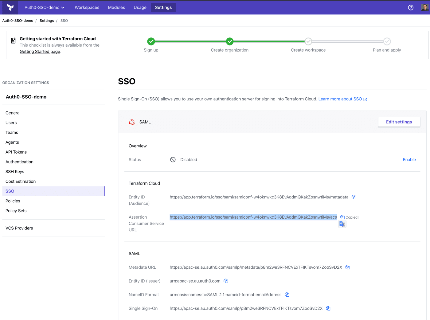 SSO page where you copy the Assertion Consumer Service URL