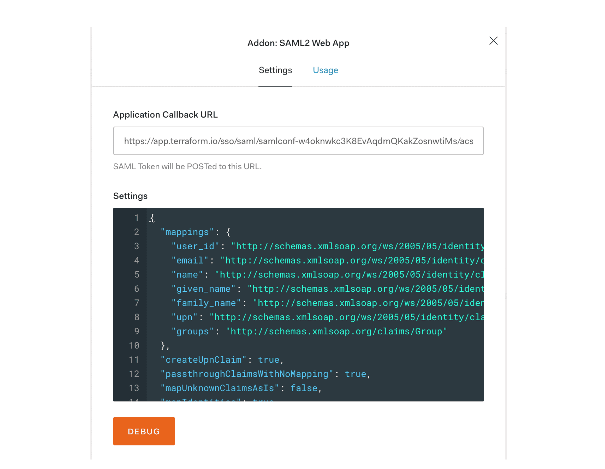 Application Callback URL on the Auth0 settings tab