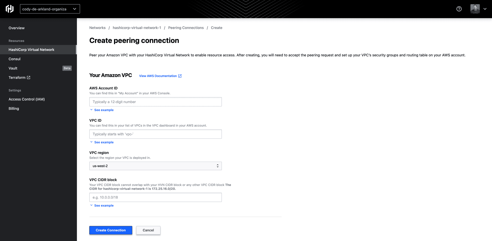 Create Peering Connection