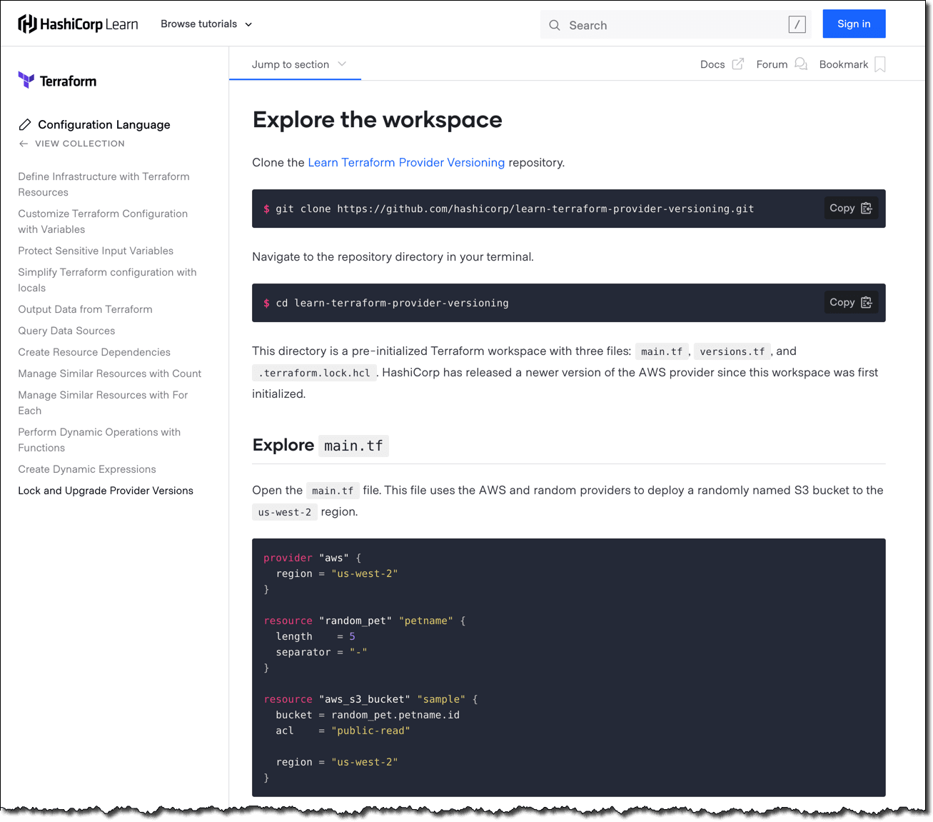 View of Lock and Upgrade Provider Versions tutorial