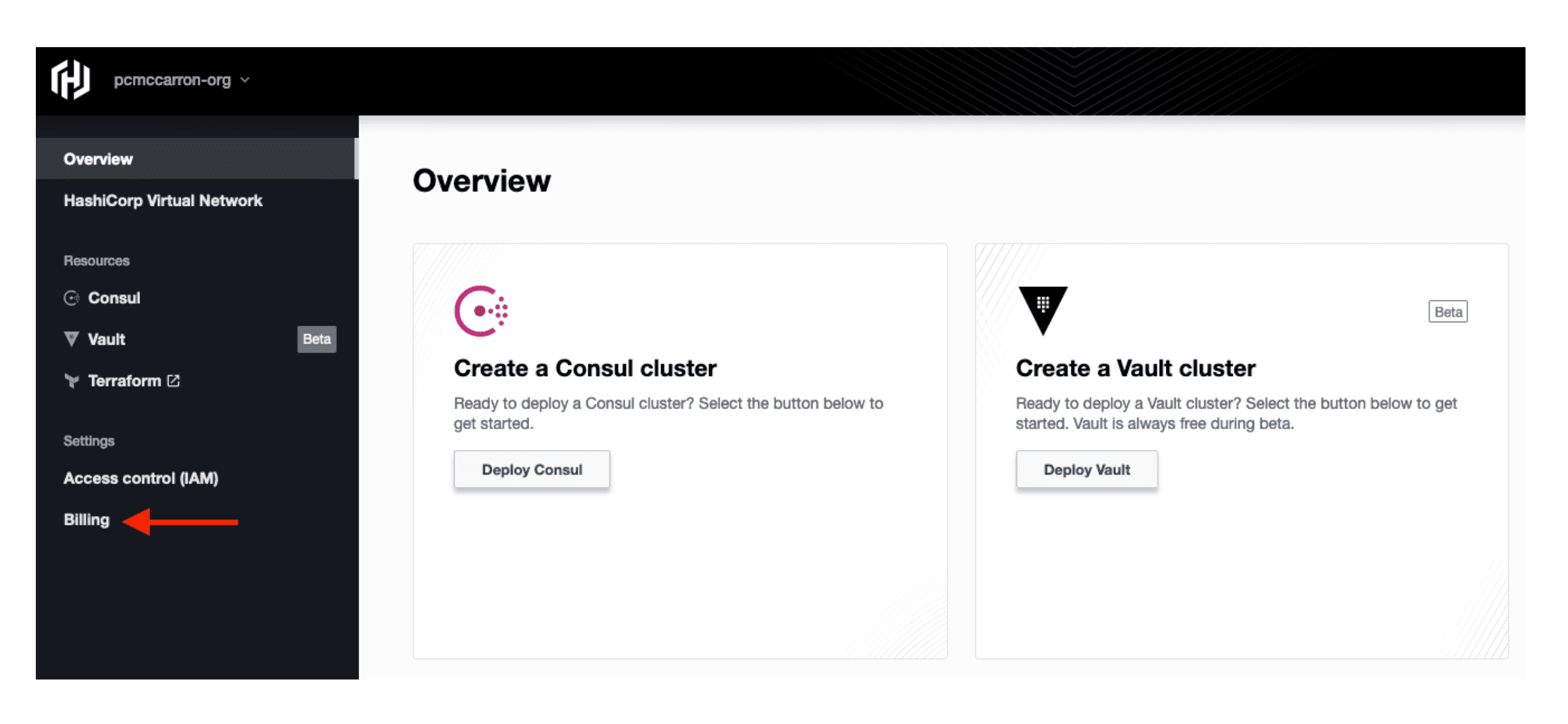 HCP create-a-cluster menu