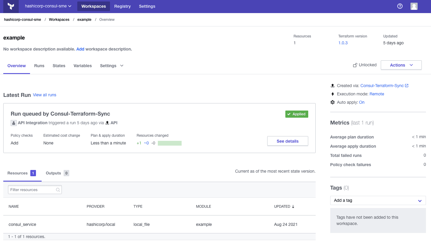 A Terraform Cloud / Enterprise workspace created and managed by CTS