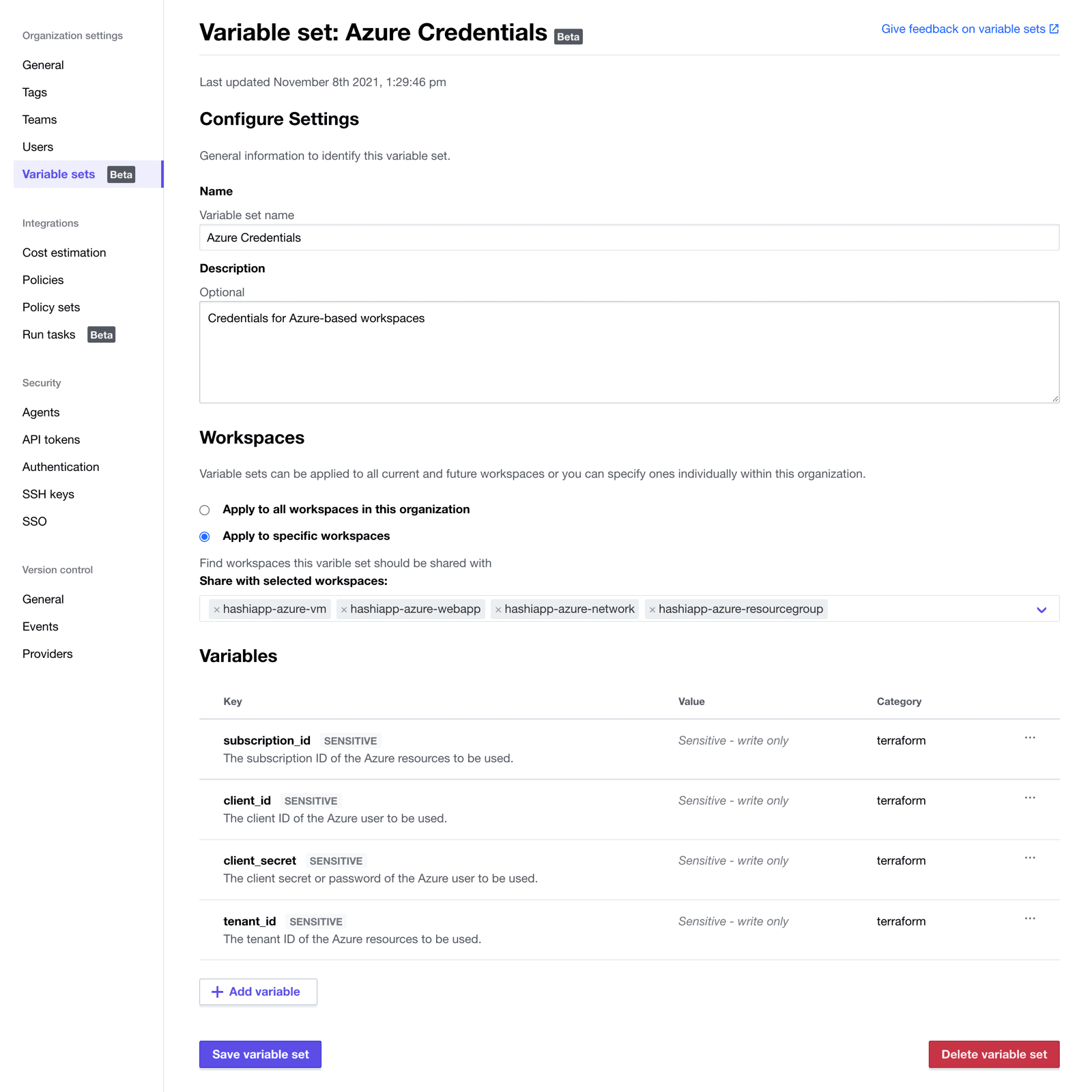 Variable set named Azure Credentials featuring several reusable variables.