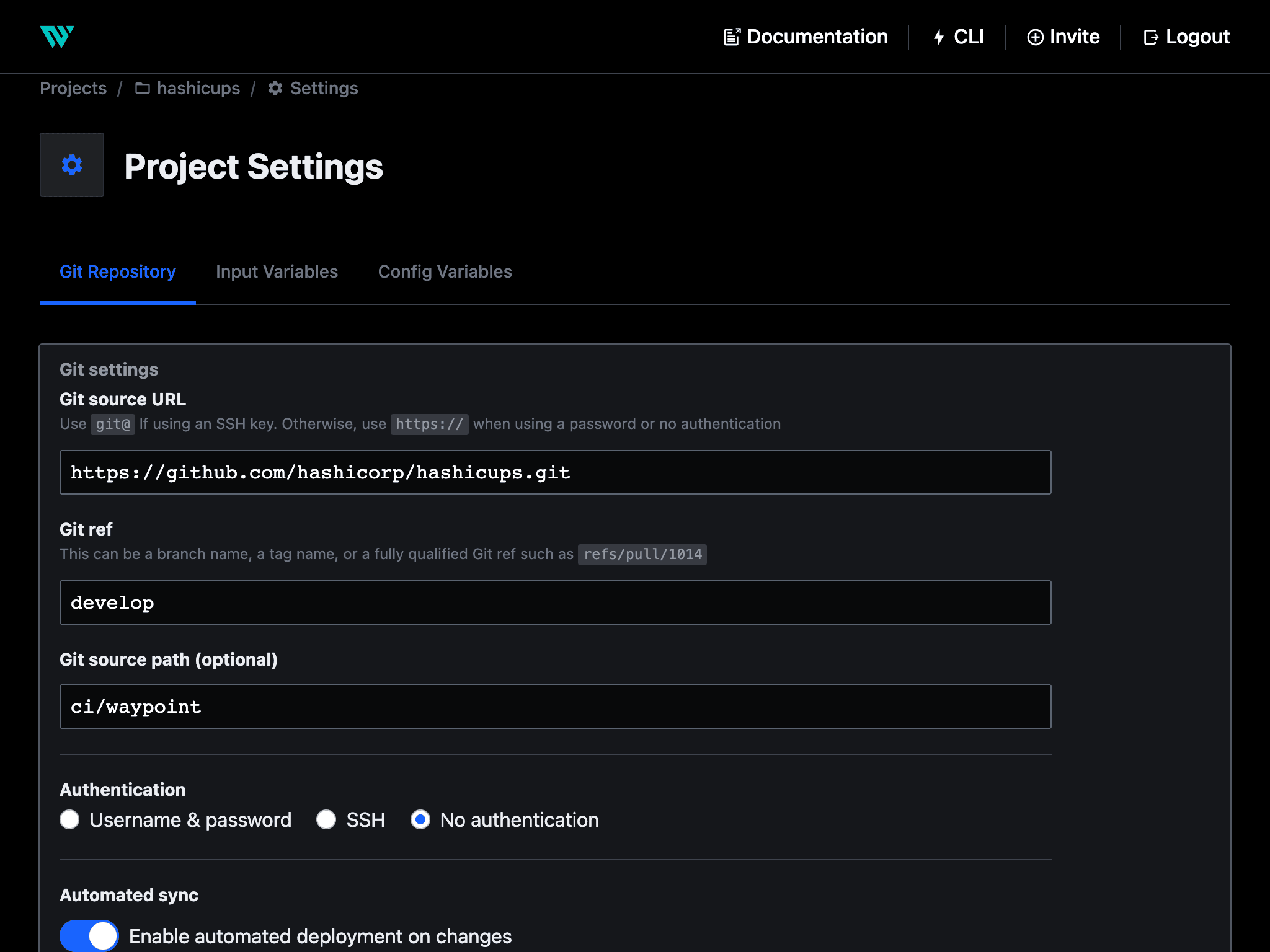 Project settings for Git integration