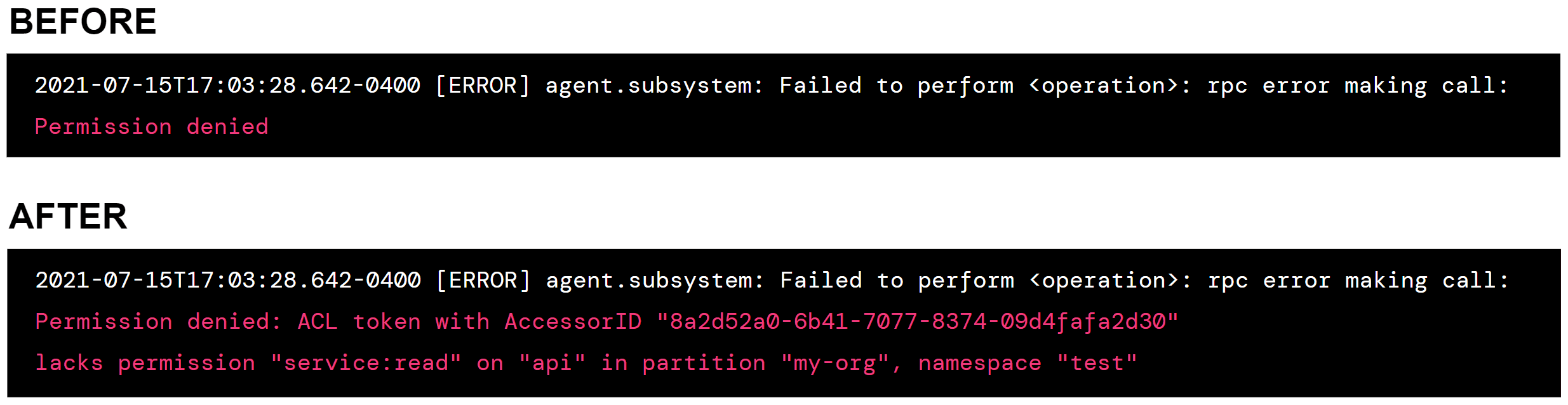 Improved ACL troubleshooting output comparison, before and after Consul 1.12