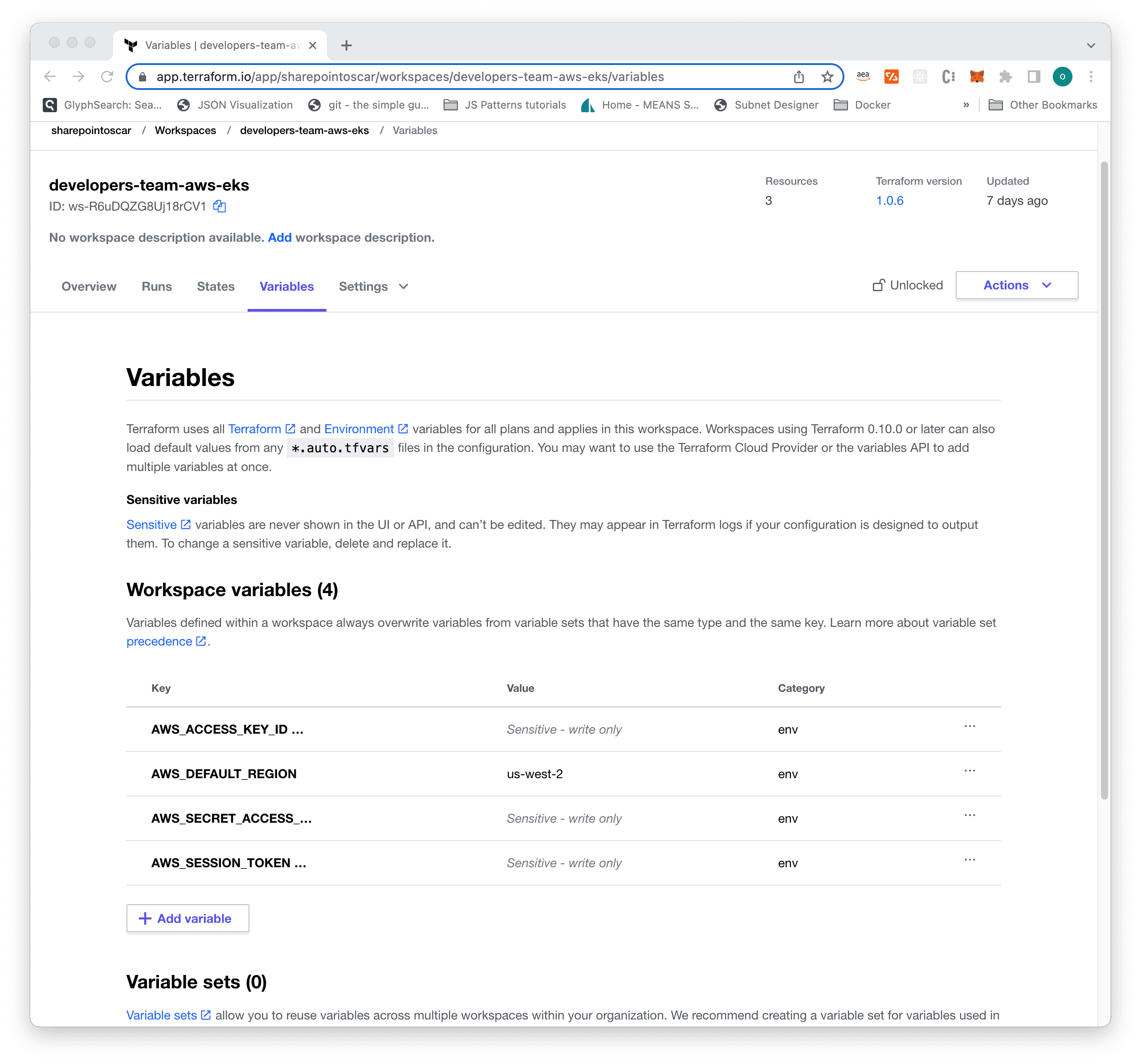 Terraform Workspace with AWS credentials configured