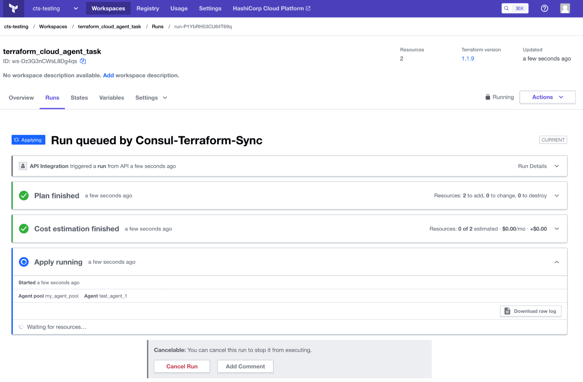 Terraform Cloud run on a cloud agent, triggered by Consul-Terraform-Sync.