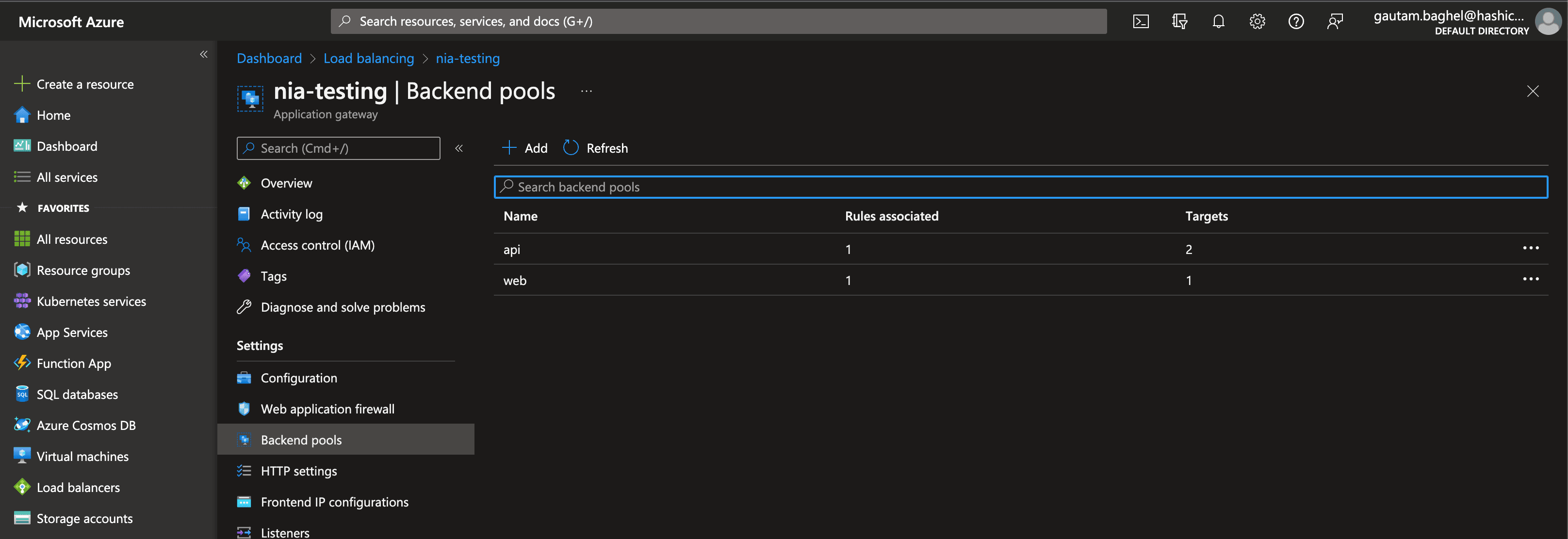 Azure Application Gateway shows two targets in its backend pool for the API service and one target for the web service