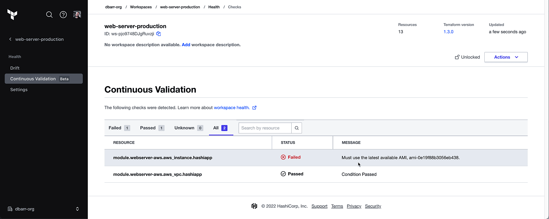 Continuous validation results