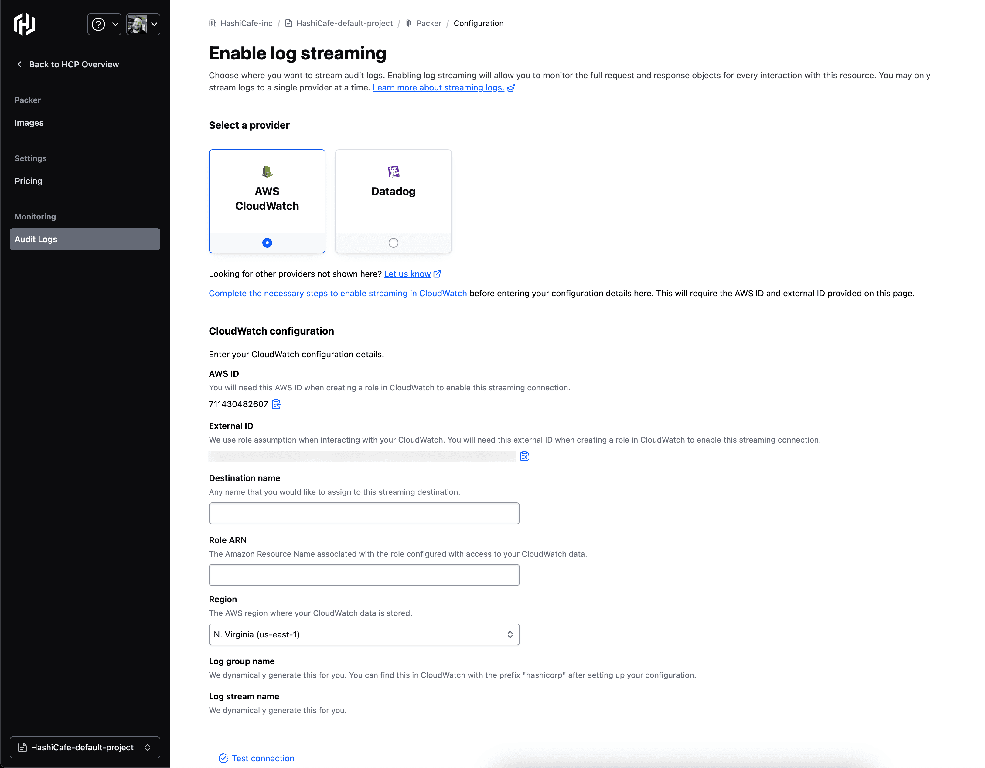 Enabling HCP Packer log streaming to Amazon CloudWatch