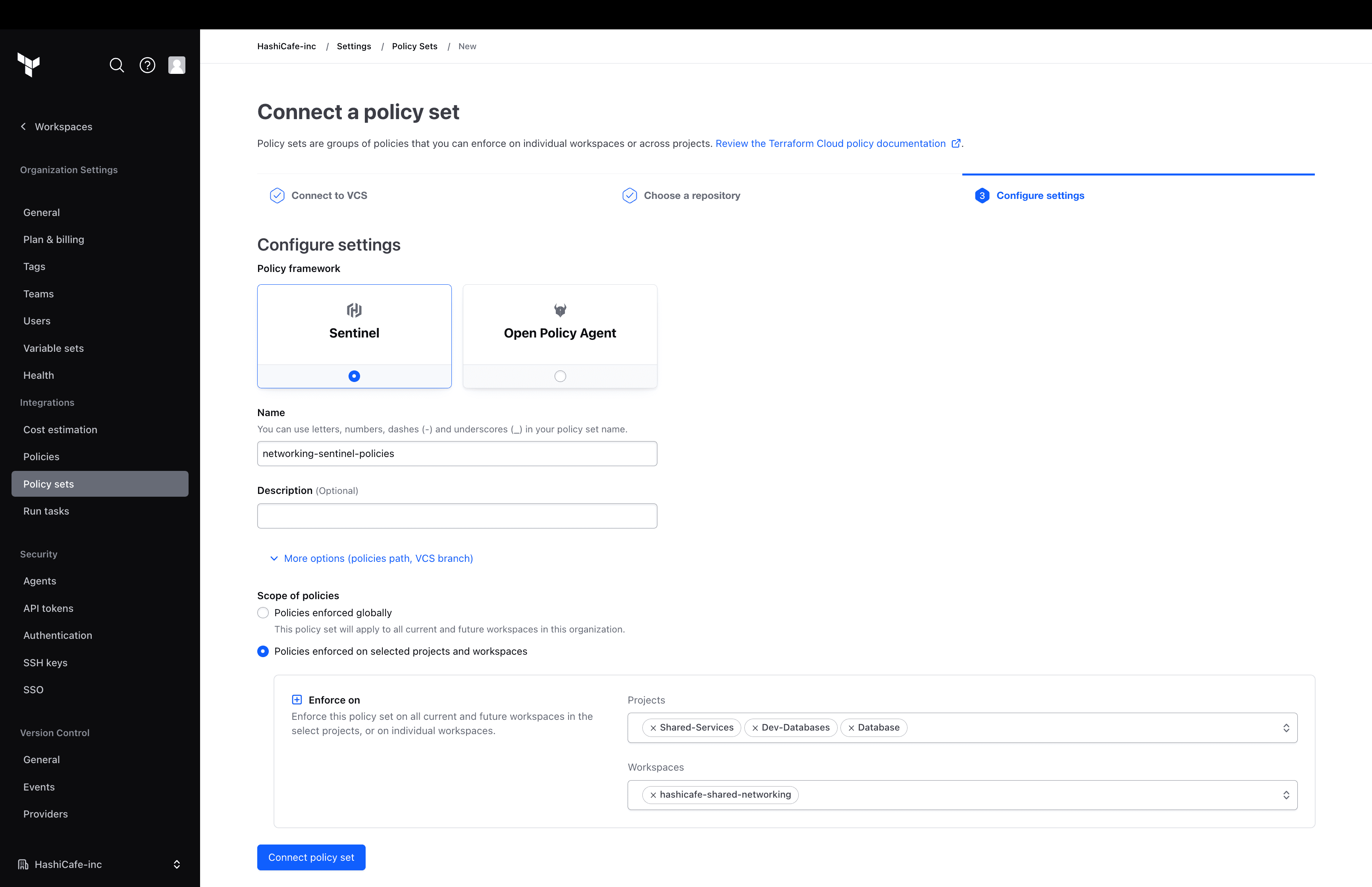 Customizable policy assignment lets organizations enforce policy sets at an organization or project level, or individually on a workspace.