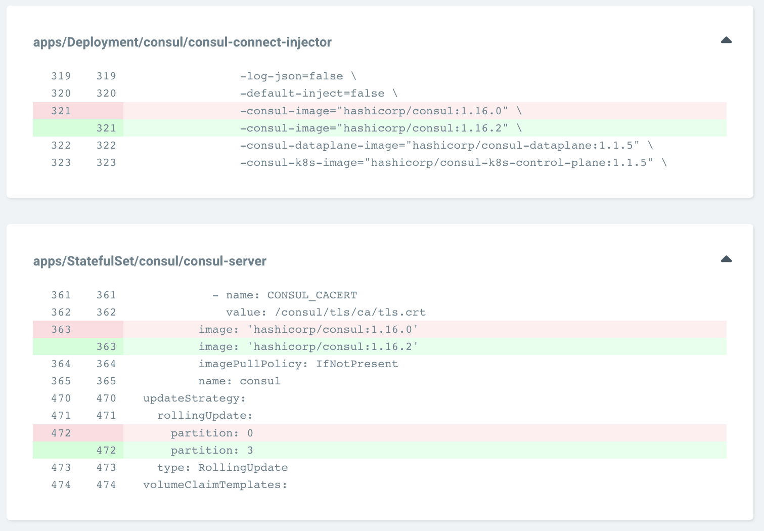 Argo CD UI of showing difference of Consul server statefulset to version 1.16.2