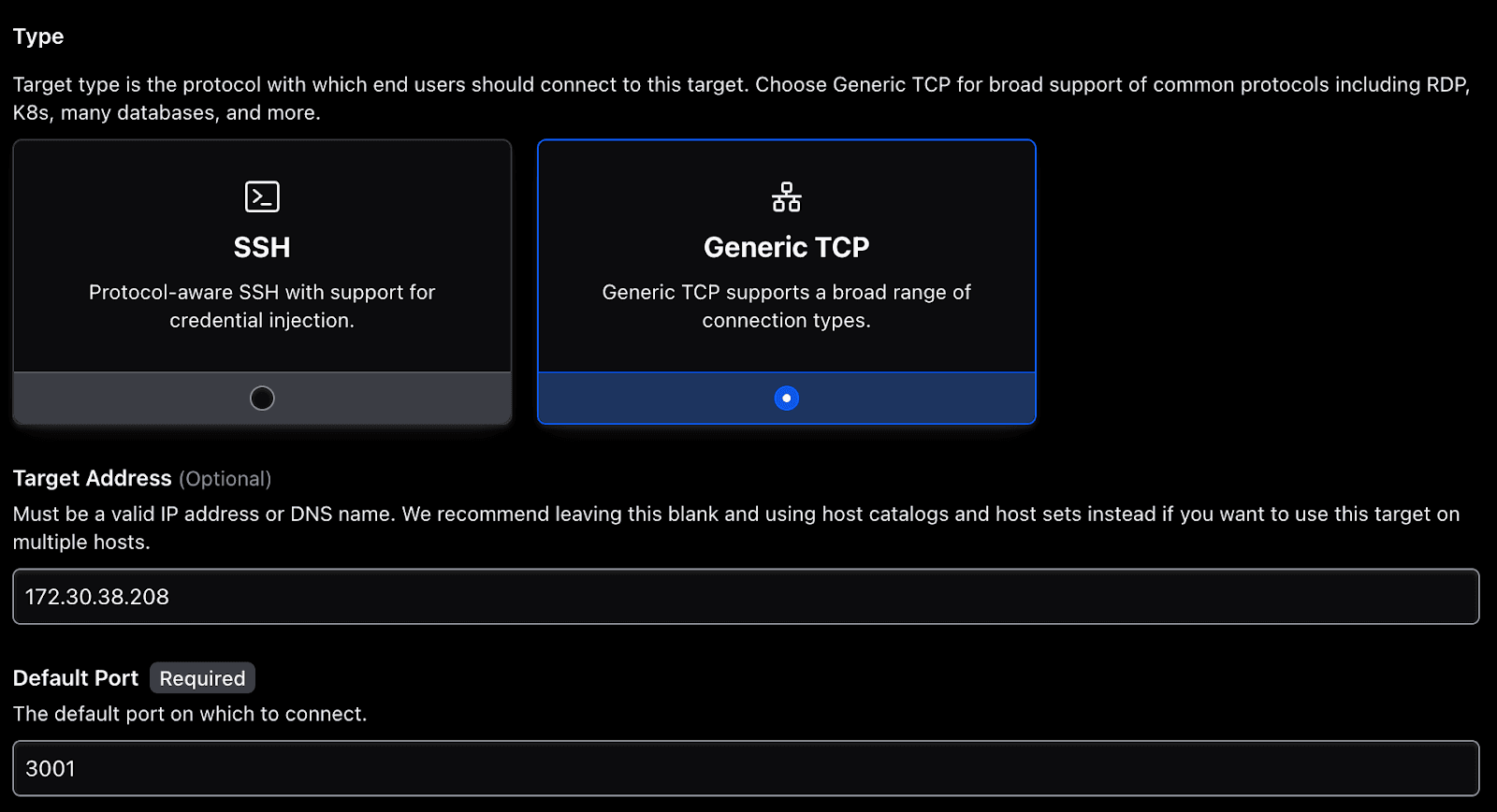 Configuring a generic TCP target