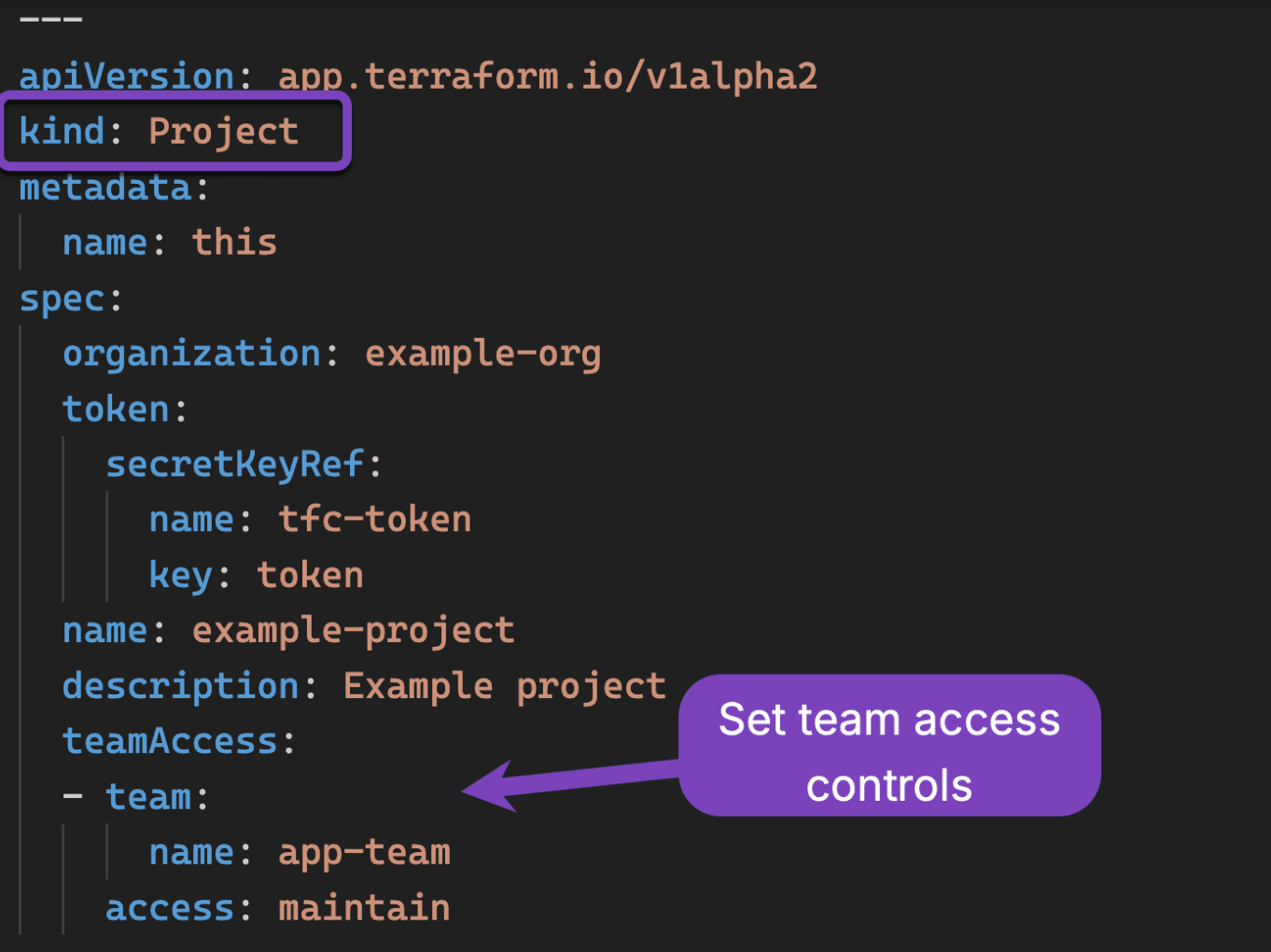 The new Project custom resource manages Terraform Cloud projects and team access
