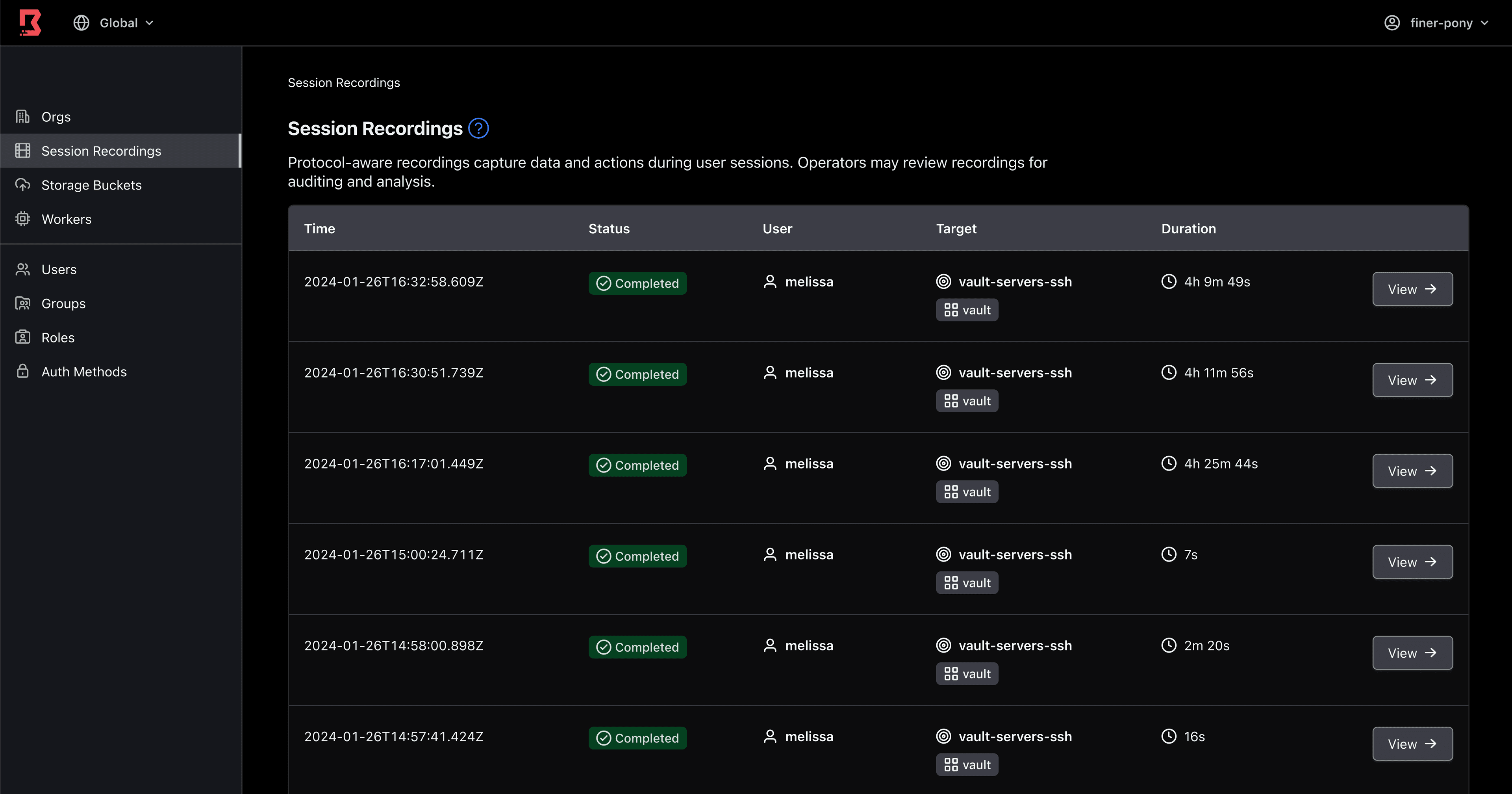 A list of session recordings in Boundary showing completed
