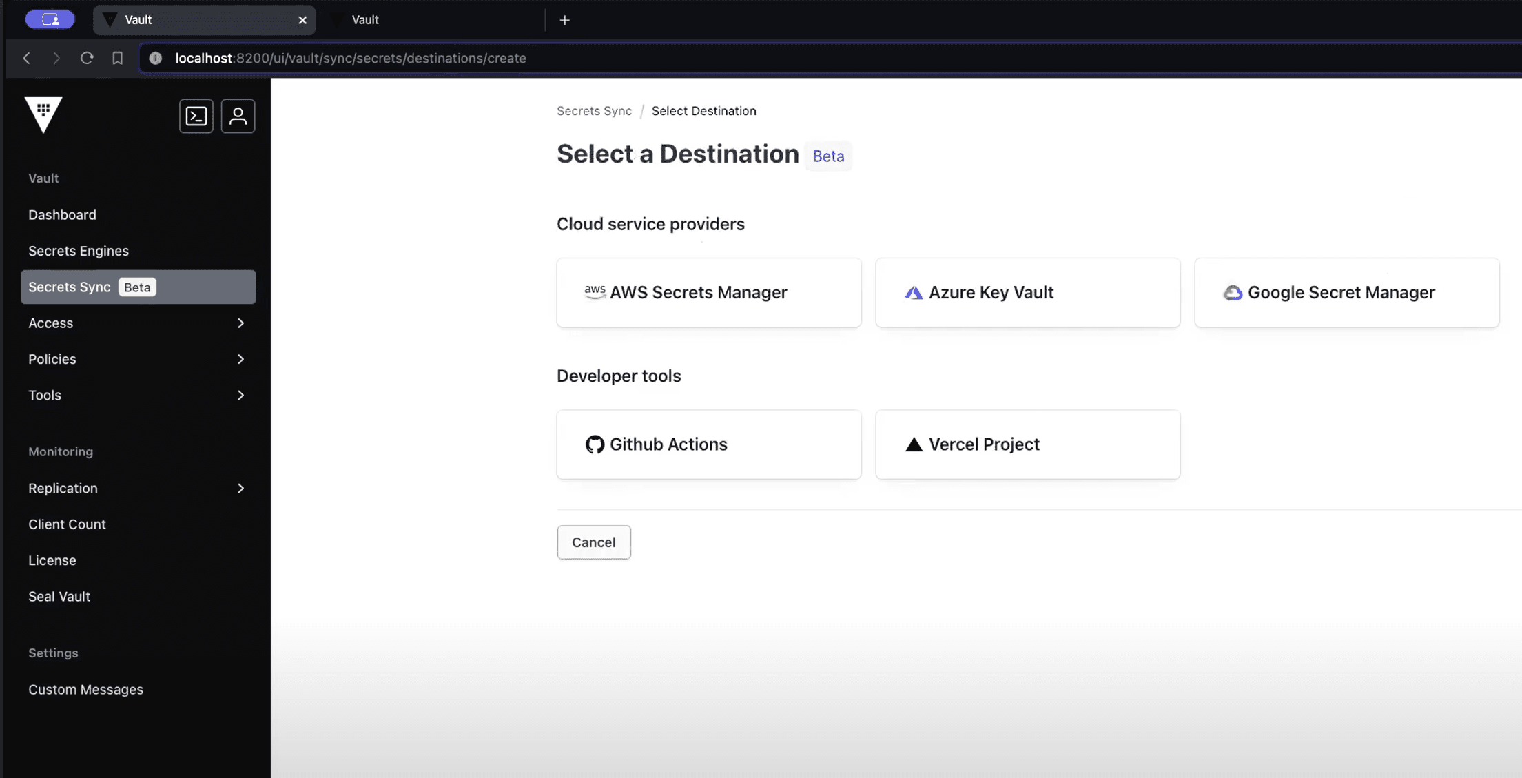 Secret sync destinations menu