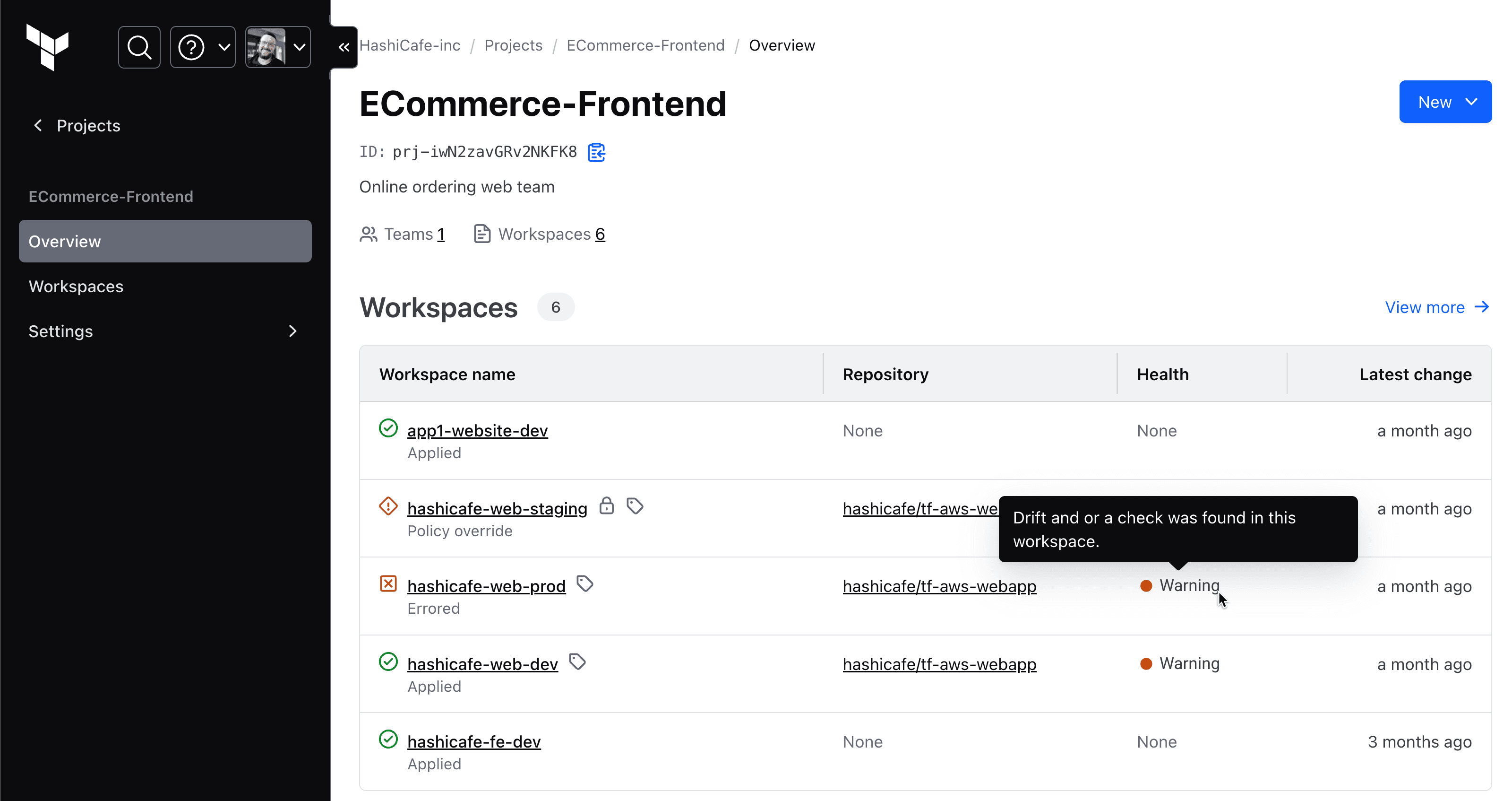 The new dedicated project details page provides a quick overview of workspace status and access to project settings.