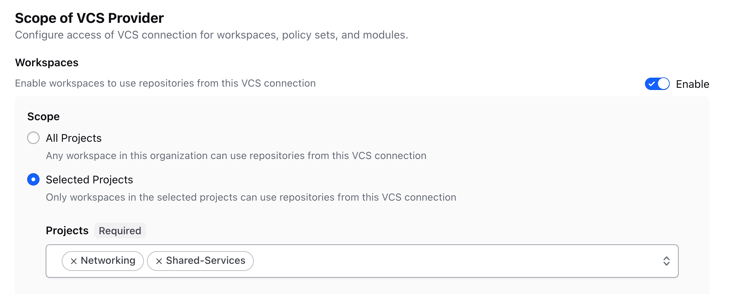 The new scope settings allow you to configure the projects that can access a VCS provider.