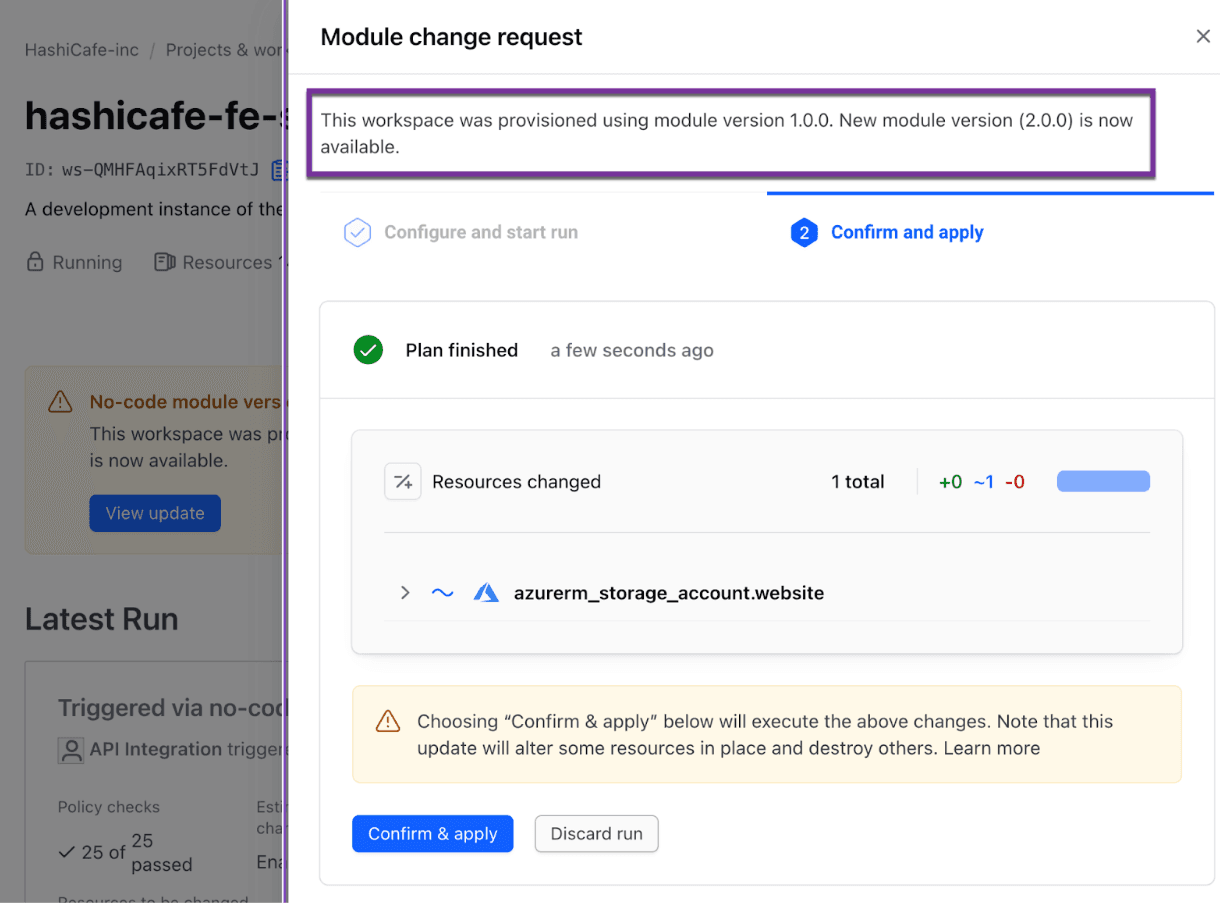 Workspace owners are notified of a new no-code module version and have the opportunity to confirm and apply the upgrade.