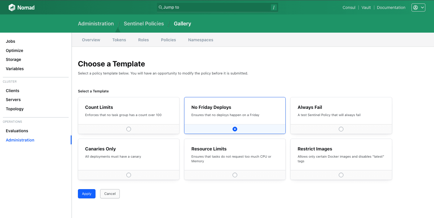 Sentinel Policy templates available to use for creating new Sentinel policies