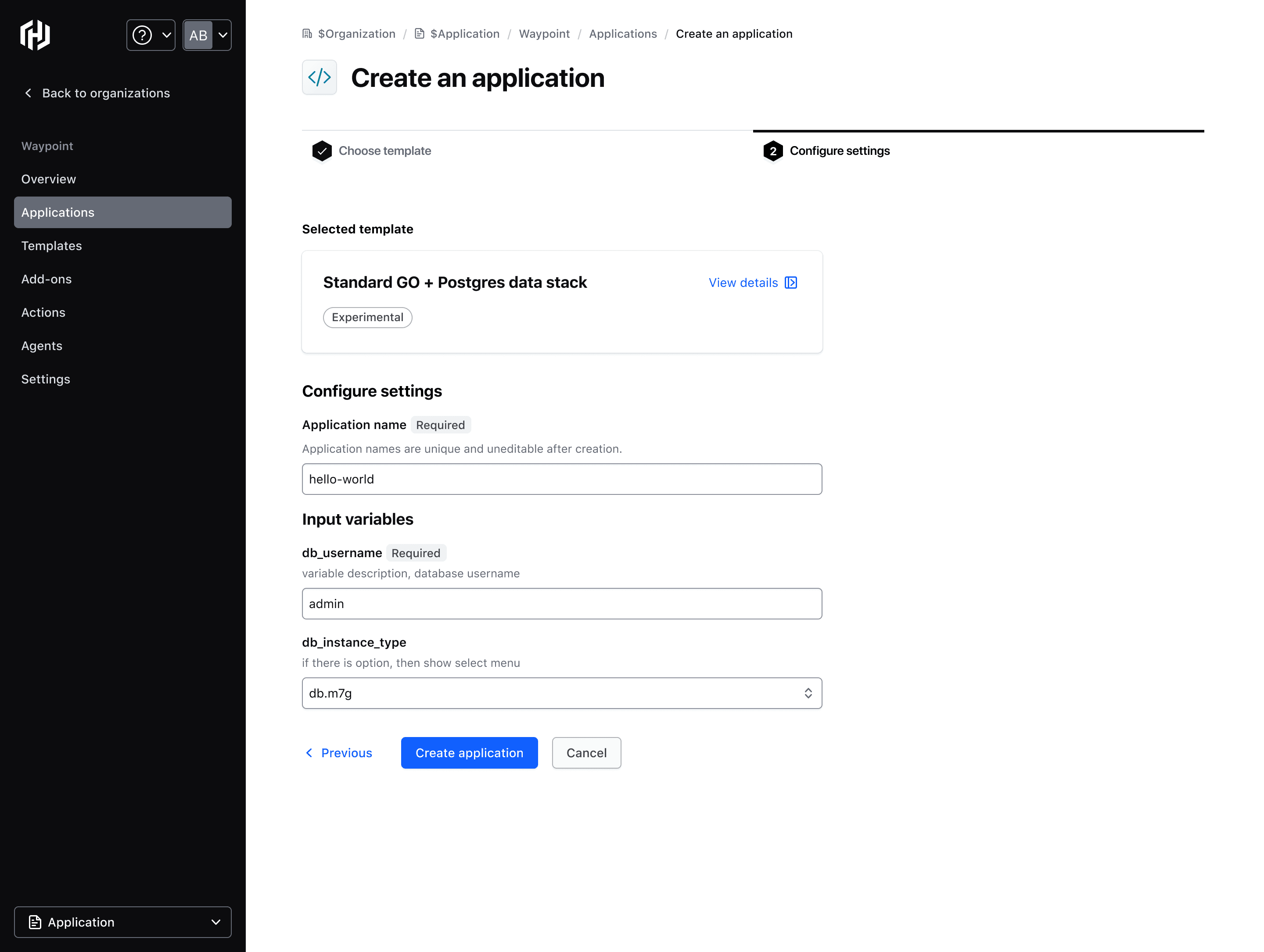 Creating an application while supplying input variable values in the HCP Waypoint UI