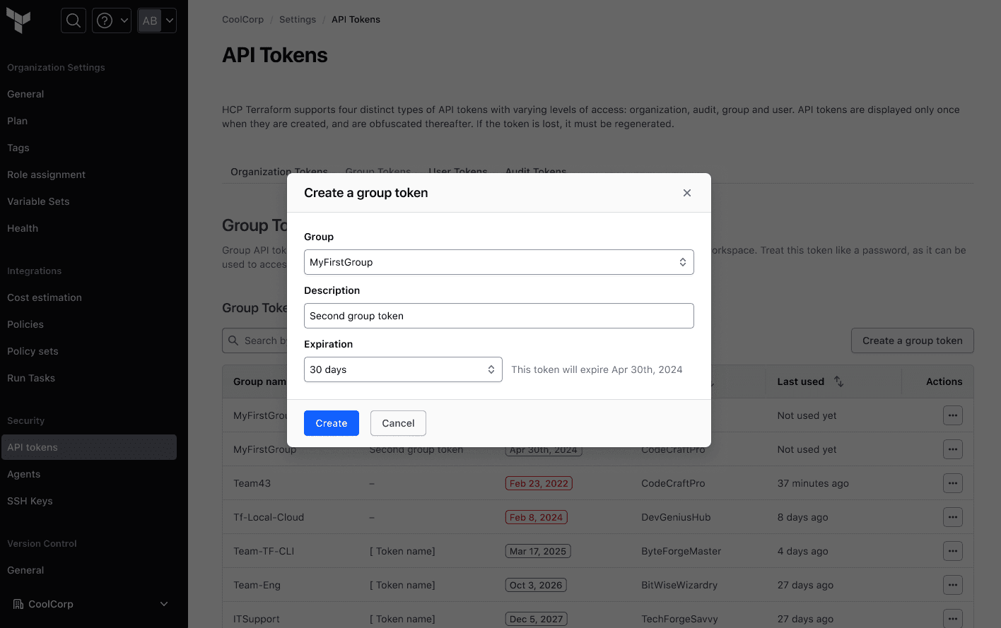 Create multiple group tokens