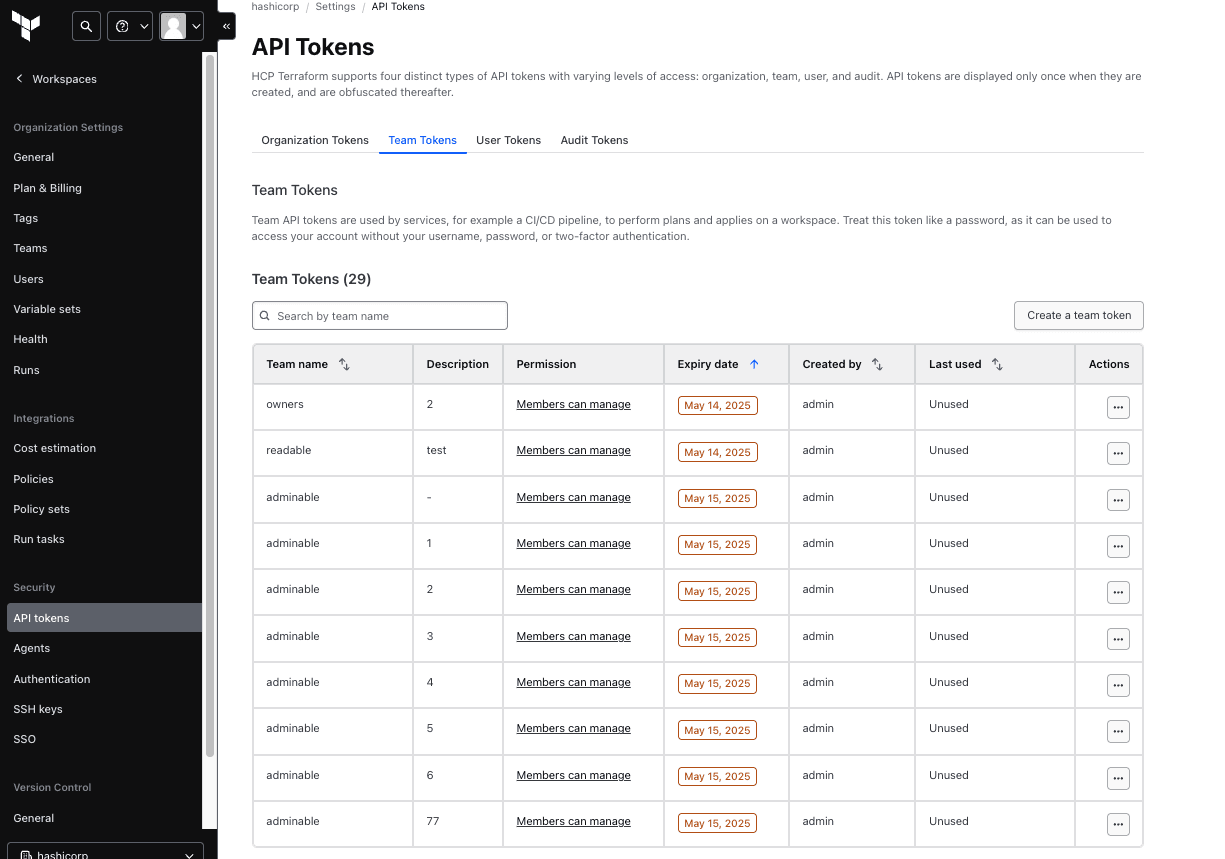 Team tokens list