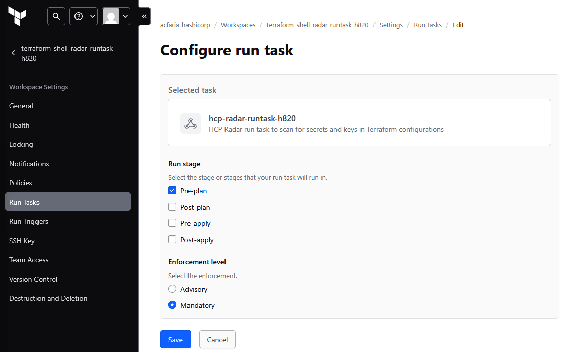 Run task configuration