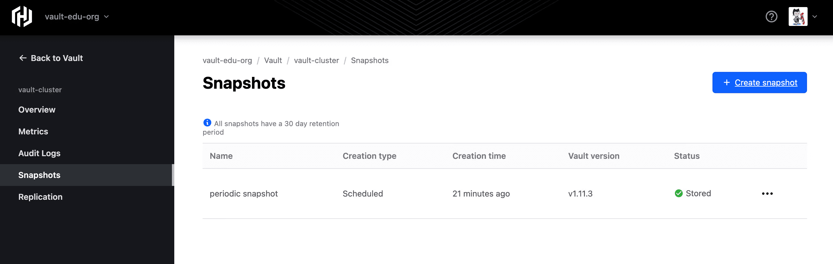Snapshots list