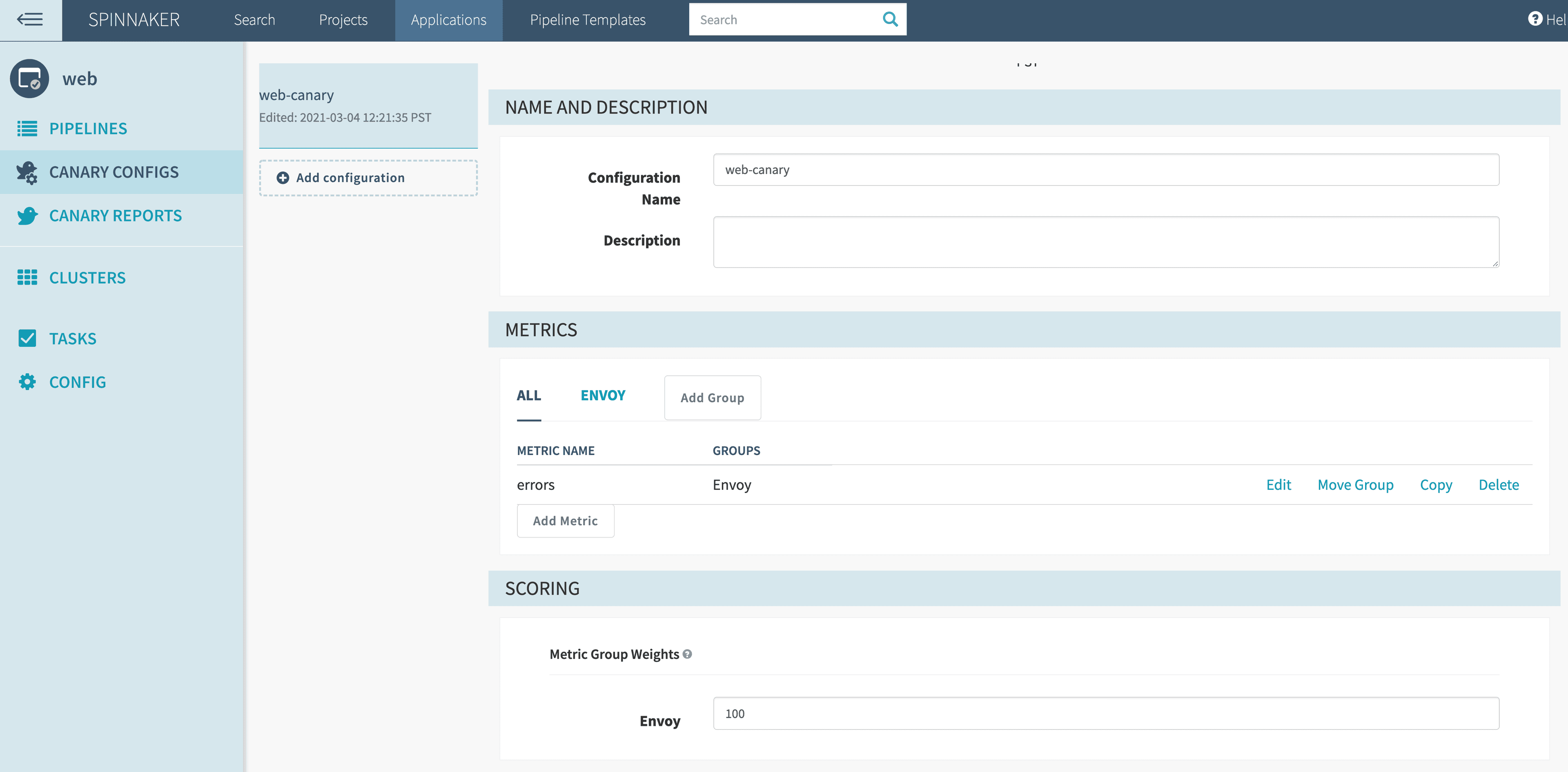 Spinnaker canary configuration for web using Envoy metrics