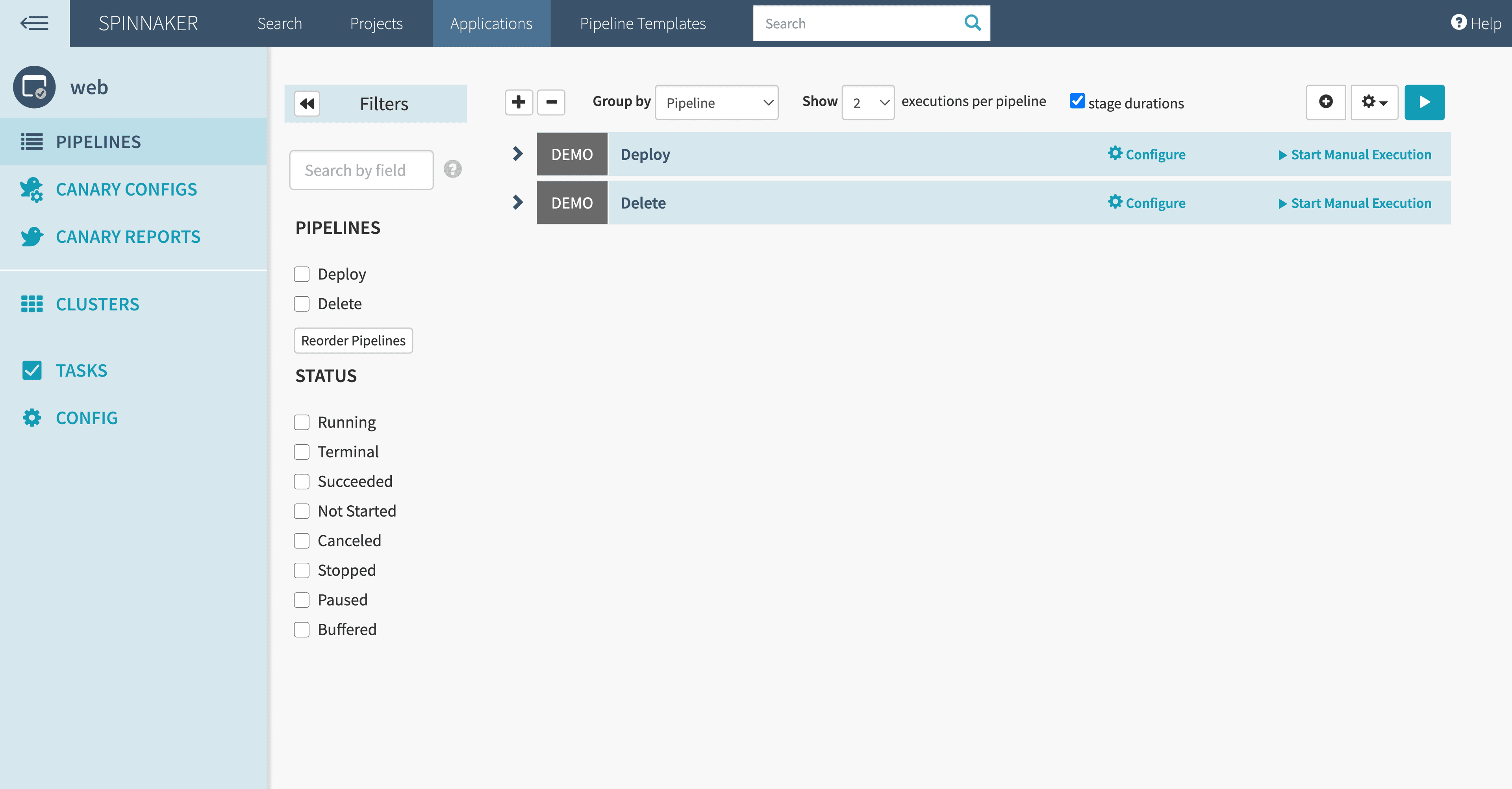 Spinnaker application called web has deploy and delete pipelines
