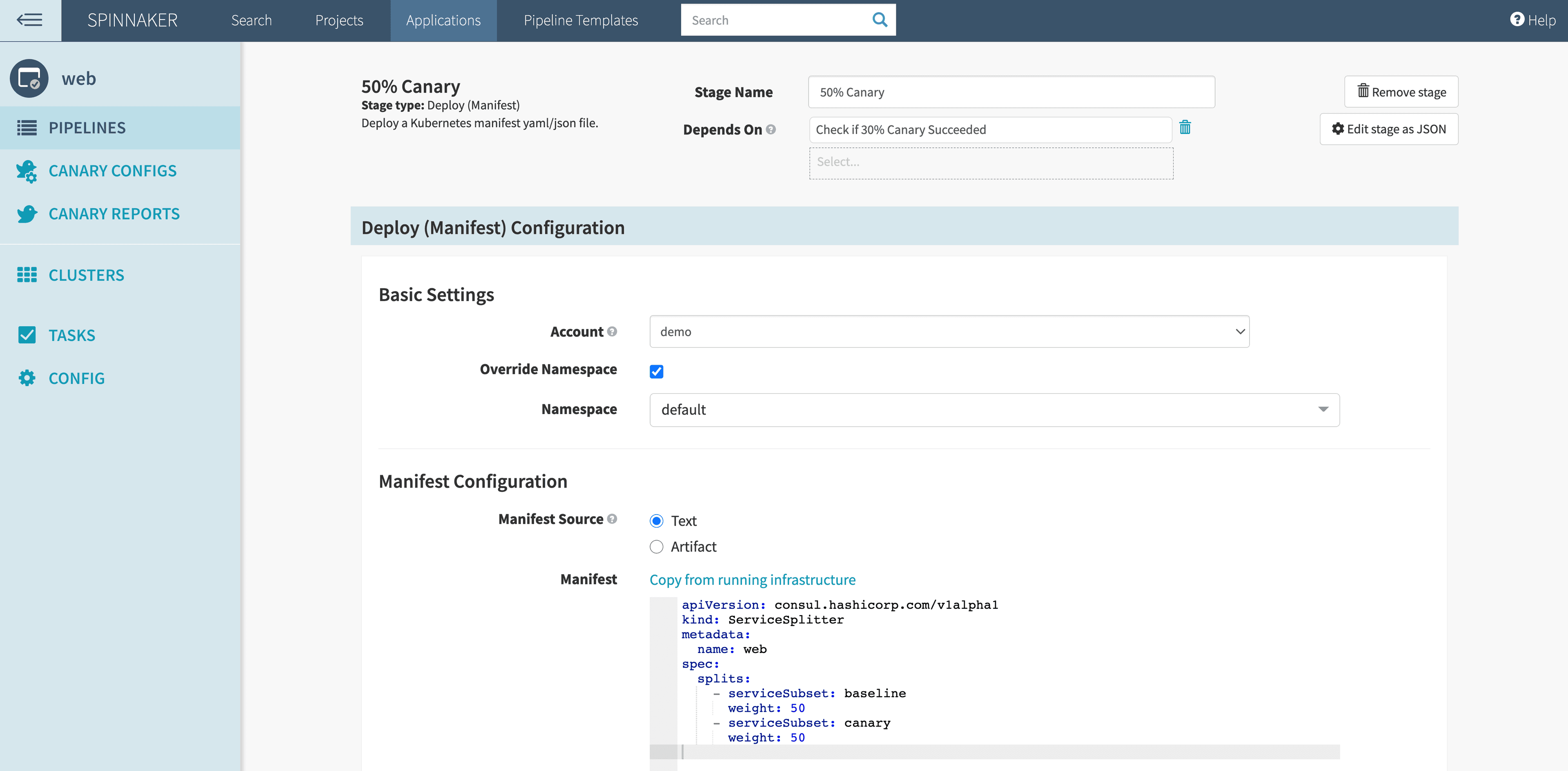 Spinnaker deploys Consul service splitter to increase canary traffic to 50%