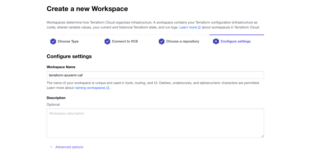 Create new workspace screen