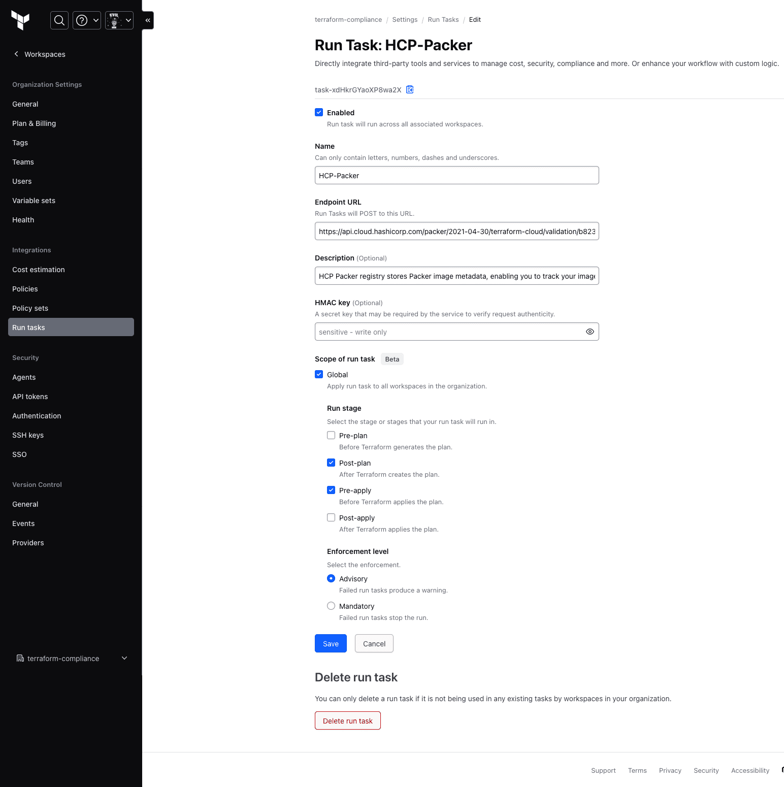 Configuring a global scope in Terraform Cloud run tasks