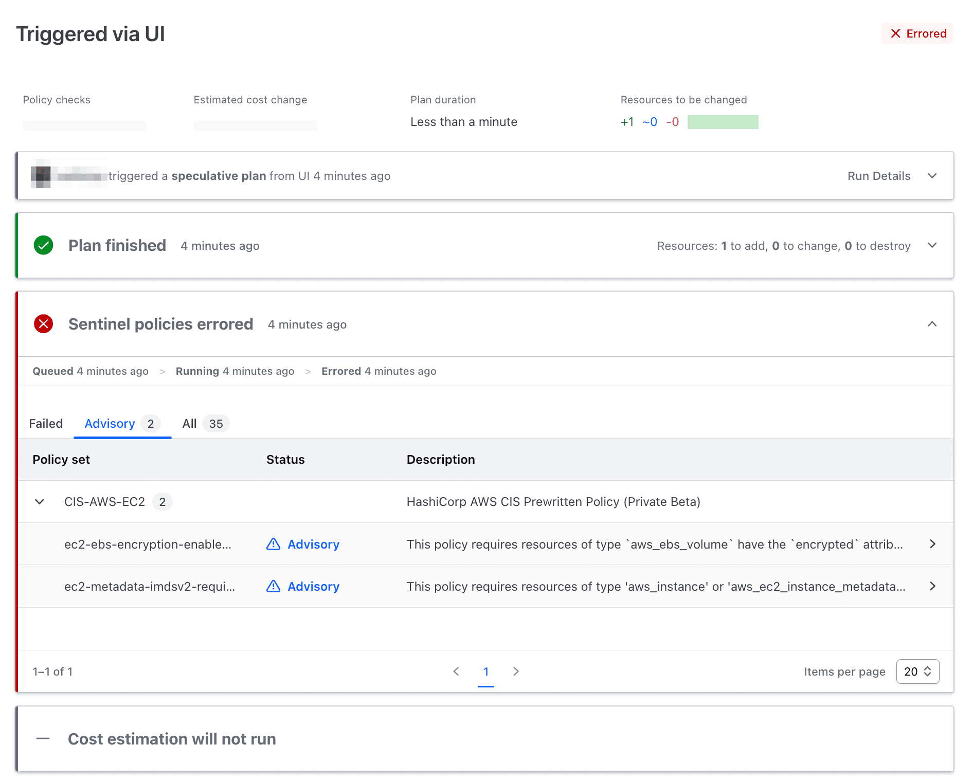 Policy as code check results in the HCP Terraform UI. 2 Advisory (non-blocking) errors logged.