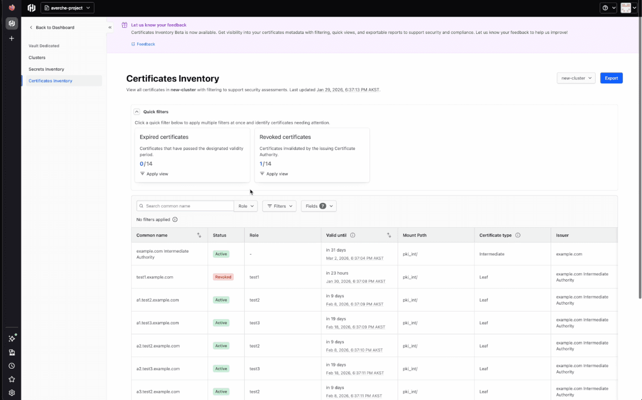 Certificates inventory