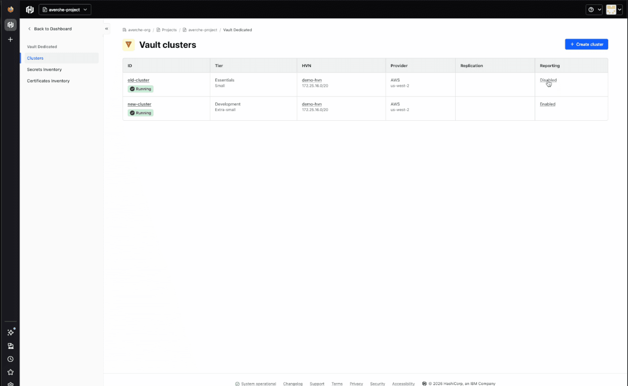 Vault clusters list